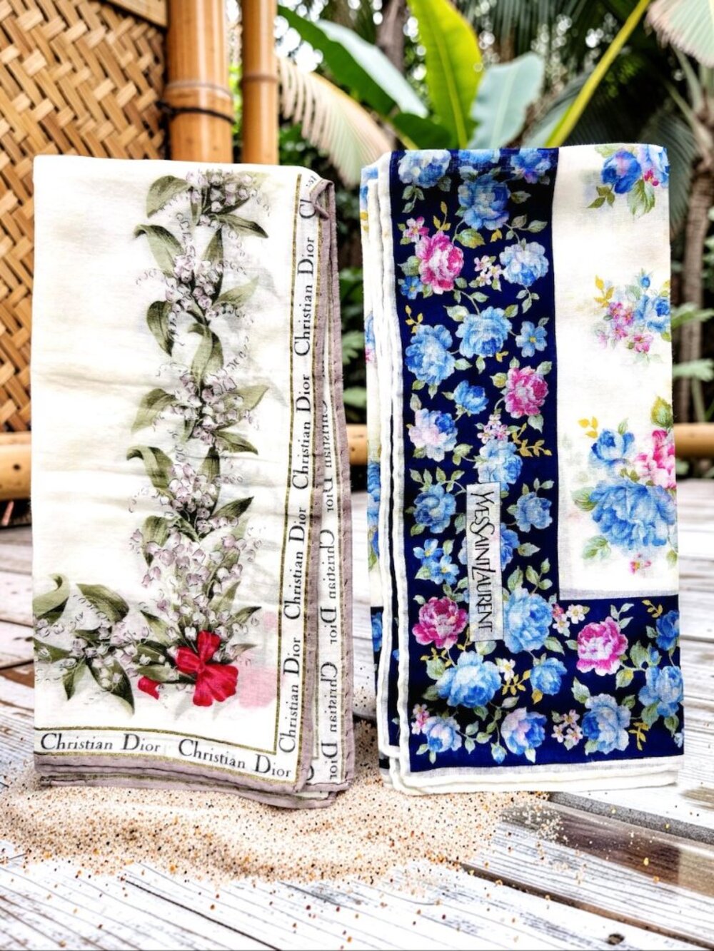 2 Neck-Kerchief YSL & Christian Dior cotton 18.5" white blue red foral (